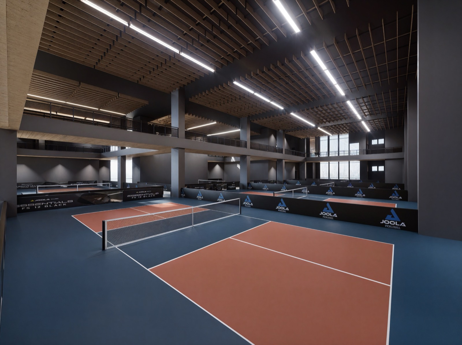 Wide-angle club courts with mezzanine