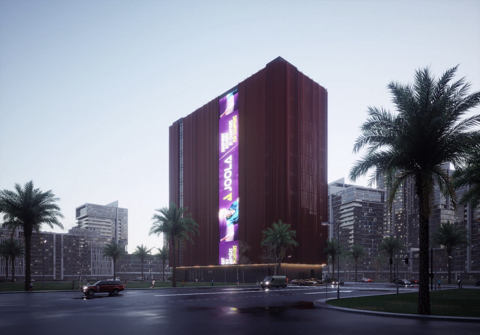 Permanent facility at night with JOOLA LED tower